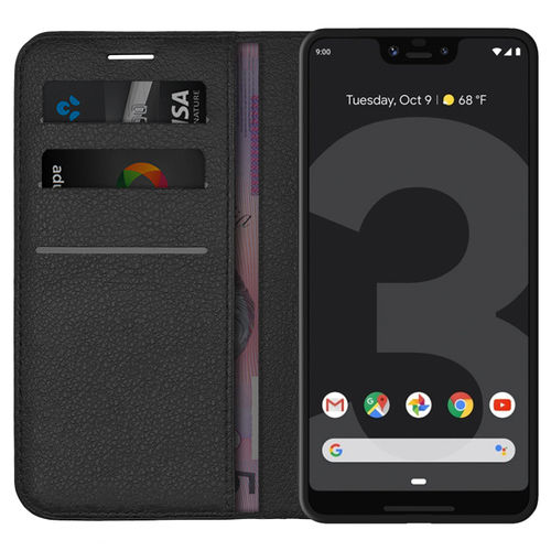Leather Wallet Case & Card Holder Pouch for Google Pixel 3 XL - Black